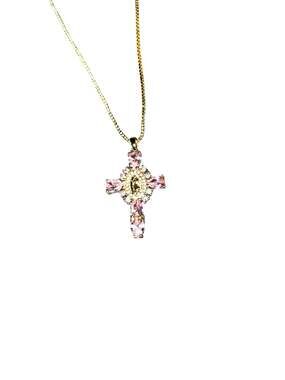 Virgin Mary Gold-Plated Cross Pendant Necklace with Pink Zirconia Crystals